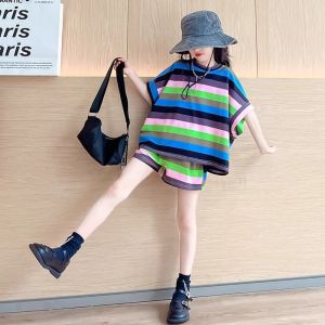 LSSHOW Girls casual fashion suit summer new middle and large children rainbow striped short-sleeved T-shirt shorts
