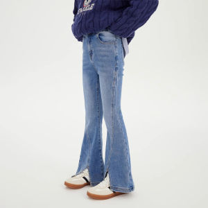 Girls Jeans Slit Slimming Mid-Tall Childrens Spring Autumn New Style Versatile Denim Pants Casual High Waist Long Cotton Polyester
