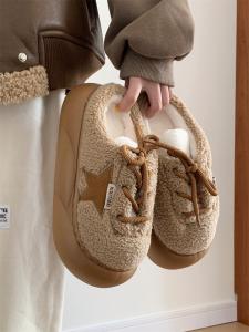 Thin Strip Retro Lamb Wool Womens Winter Fluffy Slippers Color Matching Fashion Non Slip Fancy Net Red Cotton Slippers