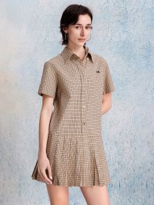 HR | HR Helena French Preppy Plaid Shirt Dress Womens Mini Summer Gingham A-Line Short Sleeve Natural Waist Pleated Skirt