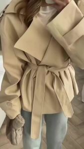 Guobioziy 2026 Womens Coat Early Autumn New Style Fashionable Versatile Solid Color Long Sleeve Tie Vintage British Style Coat