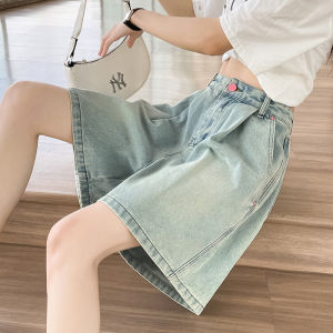 Light Blue High Waist Pleated Slimming Wide Leg Denim Shorts Womens Summer New Loose A-Line 5-Point Pants Casual Style
