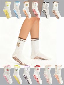 European size 36-43， 1 Pair Knitted Embroidered Yoga Fitness Pilates Sports Silicone Non slip Bottom Womens Middle Socks