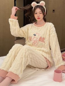 Áo Ngủ Lông Cừu San Hô Dày Dài Tay Mùa Thu Đông Phong Cách Hoạt Hình Dễ Thương Áo Khoác Lông Cừu Dày Home Clothes Áo Ngủ Cho Nữ