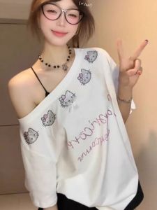 White Cartoon Anime Slant Collar Pure Cotton Short Sleeve T-Shirt Women Summer Design Slim Fit Versatile Pure Desire INS Top