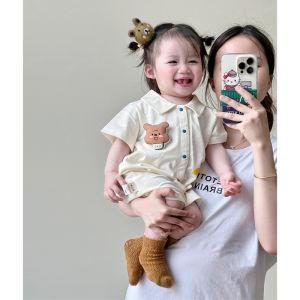 Summer Bear Collar Short Sleeve Baby Romper Swaddle Cloth Diaper Coverall Infant Clothes Cotton Polyester Blend Baby Romper