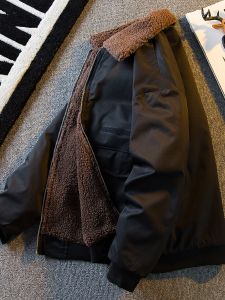 Retro Phong Cách Mỹ Quần Áo Bảo Hộ Lao Động Nhung Cừu Áo Khoác Nam Dày Dặn Lông Cừu Ve Áo Cổ Áo Thời Trang/ Phong Cách Mùa Thu Mùa Đông Khóa Kéo Áo Khoác Ngắn