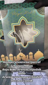 Hampers/Parcel/Souvernir/paket ibadah pria Sarung Koko berbis Sajadah kuba PeciTabih plus Box Hijau