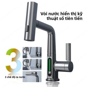 Vòi Bếp Kéo Ra Kiểu Thác Nước Màu Trắng Màn Hình Kỹ Thuật Số Vòi Trộn Nóng Lạnh Xoay Được Nâng Lên Hạ Xuống Tay Cầm Đơn Thép Không Gỉ