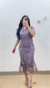 6055 Anatari Kimono V Neck Tile Brukat Midi Dress Natal Pesta Tahun Baru
