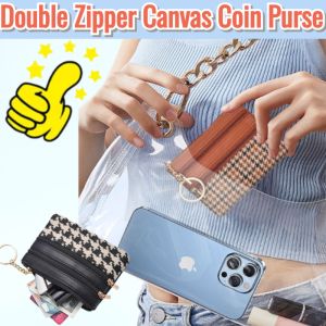 Double Zipper Coin Purse Portable Grid Canvas Coin Purse Small Change Bag Wallet
