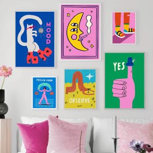 Funny Cat Mood Pisces Aries Cartoon Poster Canvas Painting Moon Lady Wall Art Picture For Modern Kid Living Room Home Decor