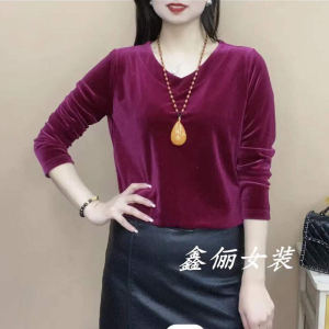 Fashionable Velvet Long Sleeve V-Neck Base Shirt Loose Slimming Top for Women Autumn New Style Commute Simple Classic T-Shirt
