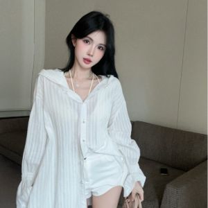 GUZILIAN | White Casual Loose Long Sleeve Hooded Striped Thin Shirt Womens Autumn High-End Feelings Outerwear Elegant Commute Style