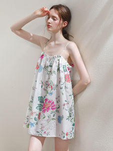 XEXZ | ชุดนอนแขนกุดผ้าไหมคอตตอนผสมลูกไม้พิมพ์ลายดอกไม้สำหรับใส่ในบ้านและกลางแจ้ง ชุดนอนผู้หญิงฤดูร้อน แขนกุด คอวี ไม่มีซิป