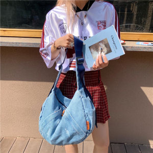 กระเป๋าสะพายข้างผ้าเดนิมสไตล์อเมริกันสำหรับสาวๆ กระเป๋าทรงซี่โครงขนาดใหญ่แบบสะพายข้าง สไตล์วิทยาลัย แฟชั่น กระเป๋าผ้าฝ้ายแบบลำลอง