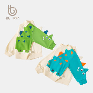 New Spring Childrens Dinosaur Print Sweatshirt round Neck Boys Fashionable Cotton Polyester Blend Comfortable Kids Top