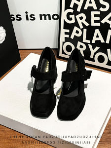 Black Velvet High Heels Womens Fashionable Flat Buckle Embellished Square Head Heightening Mary Jane Single Shoes Waterproof Platform