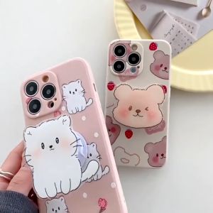 IPH 7 8 SE 2020 7 Plus 8 Plus X Xs Max 11 Pro Max 12 Pro Max 13 Pro Max 14 Pro Max printed bear cat with stand camera protect phone case 小熊小猫手机支架手机壳