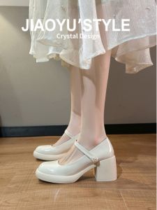 Mary Jane Chunky Heel ผู้หญิง รองเท้า Pearl Retro รองเท้าส้นสูงฝรั่งเศส สายคล้อง รองเท้านางฟ้า หนัง รองเท้าแฟชั่นเดี่ยว สไตล์เกาหลี