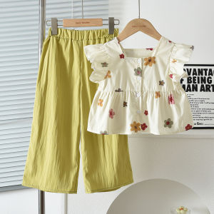 Melario | 3-10 Year Old Girl and Teenager Suit with Flower Print Square Neck Fly Sleeve Top and Wide Leg Pants Two-piece Set for Summer