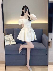 Princess Style Sweet Short Sleeve One Shoulder Dress Womens High Waist A-Line Cotton Polyester Fabric Bubble Sleeve Dress