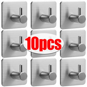 10PCS Self Adhesive Hook Heavy Duty Stainless Steel Wall Hooks Towel Clothes Rack Hangers Bathroom Kitchen Storage Holders