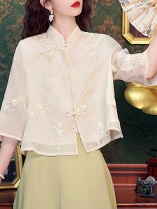 French Design New Chinese Style Embroidery Seven-Sleeve Shirt