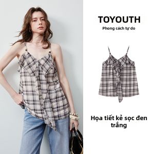 Toyouth | Áo Crop Peplum Chiffon Dây Ruy Băng Hè Caro Ôm Patchwork