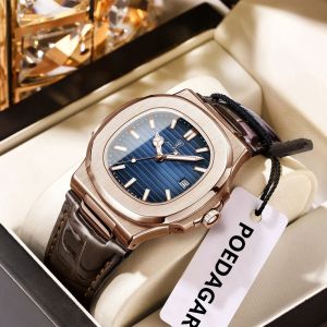 POEDAGAR Business Man Watch Date Waterproof Luminous Leather Classic Watches For Men High Quality Square Quartz Mens Wristwatch