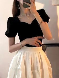 French Vintage Heart Collar Bubbles Sleeve T-shirt Womens Short Style Slim Fit Summer Top Exposing Clavicle Fashionable