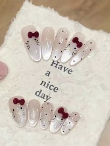 Delicate Red Bowknot Velvet Cat Eye Nail Art Luxury Sensation White Enhancing Long Medium Handmade Nail Art Cute Little Kitten