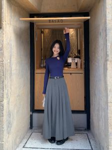 Pusumede Gray Suit Skirt Womens Autumn New Arrival High Waist A- line Slimming Skirt Long Pleated Skirt