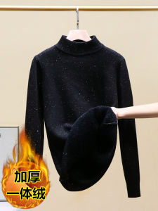 Thickened Fleece Womens Knitted Sweater Shiny Thread Half High Collar Pullover Warm Base Shirt Top for Autumn Winter Commute