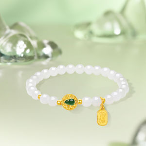 ZHOU LIU FU 周六福 24K Solid Gold Bracelets Blessing Gourd Pure Gold Plate Charm Bracelet Natural White Jade Stretch Beaded Bracelet for Women Mom Daughter Birthday 17CM Y1913660