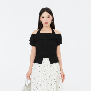 Elegant Black One-Shoulder Neck Hanging Strap Womens Top Unique Design Slim Fit Short Sleeve Pure Color Commute Style