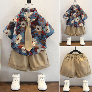 Boys Summer Fashionable Short Sleeve Shirt Set Hong Kong Style Casual Sportswear Five-Piece Pants Youthful And Handsome Baby Clothes
