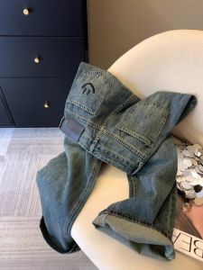 Quần Jeans Denim Ống Thẳng Cạp Cao Thêu Mặt Cười Quần Dài Dài Đến Sàn Phong Cách Retro Cho Nữ Mùa Thu 2025 Quần Jeans Nữ