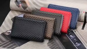 A-Squared Leather Minimalist Pop-up ID Cardholder Professional Business Wallet Aluminum Slim Card Antitheft Case RFID Blocking Carbon Fiber Travel Office Card Organizer