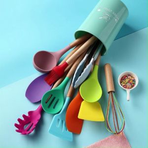 Wooden Handle Cooking Utensil Colorful Non-Stick Utensils Food Grade Silicone Spatula Oil Brush Ladle Spoon Aesthetic