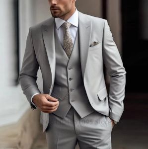 Elegant Gray Mens Suit Slim Fit Fashion Wedding Tuxedo 3 Piece Two Buttons Peak Lapel Blazer Vest Pants for Party Homme Costume