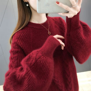 Idle Style Cable Stitch round Neck Pullover Loose Sweater Womens 2024 Fall and Winter New Lantern Sleeve Thickened Knitting Bottoming Shirt