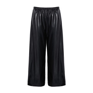 Elastic High Waisted PU Leather Wide Leg Culottes 3/4 Length