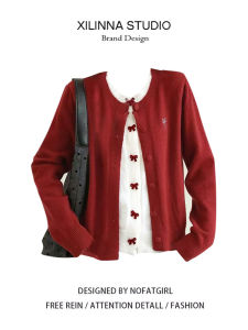 Christmas Red Knitted Sweater with Bow Tie Short Thickened Autumn Winter Womens Outerwear Cardigan Fake Two-Piece Style