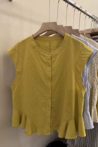 Áo Sơ Mi Nữ Tay Lỡ Cổ Tròn Không Tay Họa Tiết Bướm Xếp Ly Phong Cách Hàn Quốc Mùa Hè 2025 Áo Sơ Mi Nhỏ