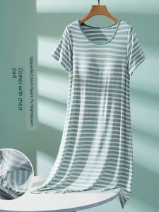Tagkita Striped Sleepwear with Chest Pad Short Sleeve Mid-Skirt for Women Casual Home Summer Simple Style Polyester Fabric