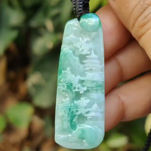 Beautiful Pendant crafted with scenery on Natural Type A Jadeite Jade certificate weigh 7.06 grams measurement 44.2 * 16.1 * 5.3 mm (pendant383)
