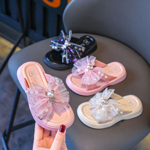 Princess Style Girls Summer Slippers Open-Toe Outdoor Wearable Flat Sandals with Butterfly Knot Diamond Decorations Childrens Anti-Slip Slippers