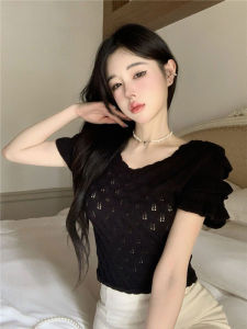 Pure Desire Lace Trim Short Sleeve Knitted V-Neck T-Shirt Hollow out Slimming Short Style Base Top for Summer Commute