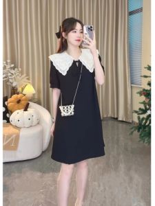 Elegant French Style Doll Collar Dress Spring 2025 plus Size Slimming Short Sleeve Cotton Polyester Blend Straight Cut Skirt